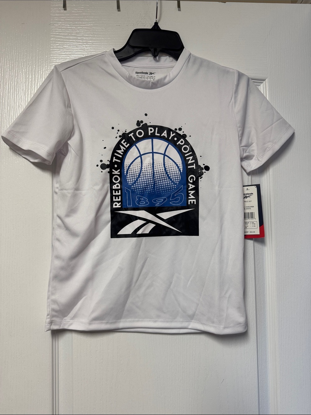 Reebok White Athletic Tee with Blue & Black Basketball Graphic